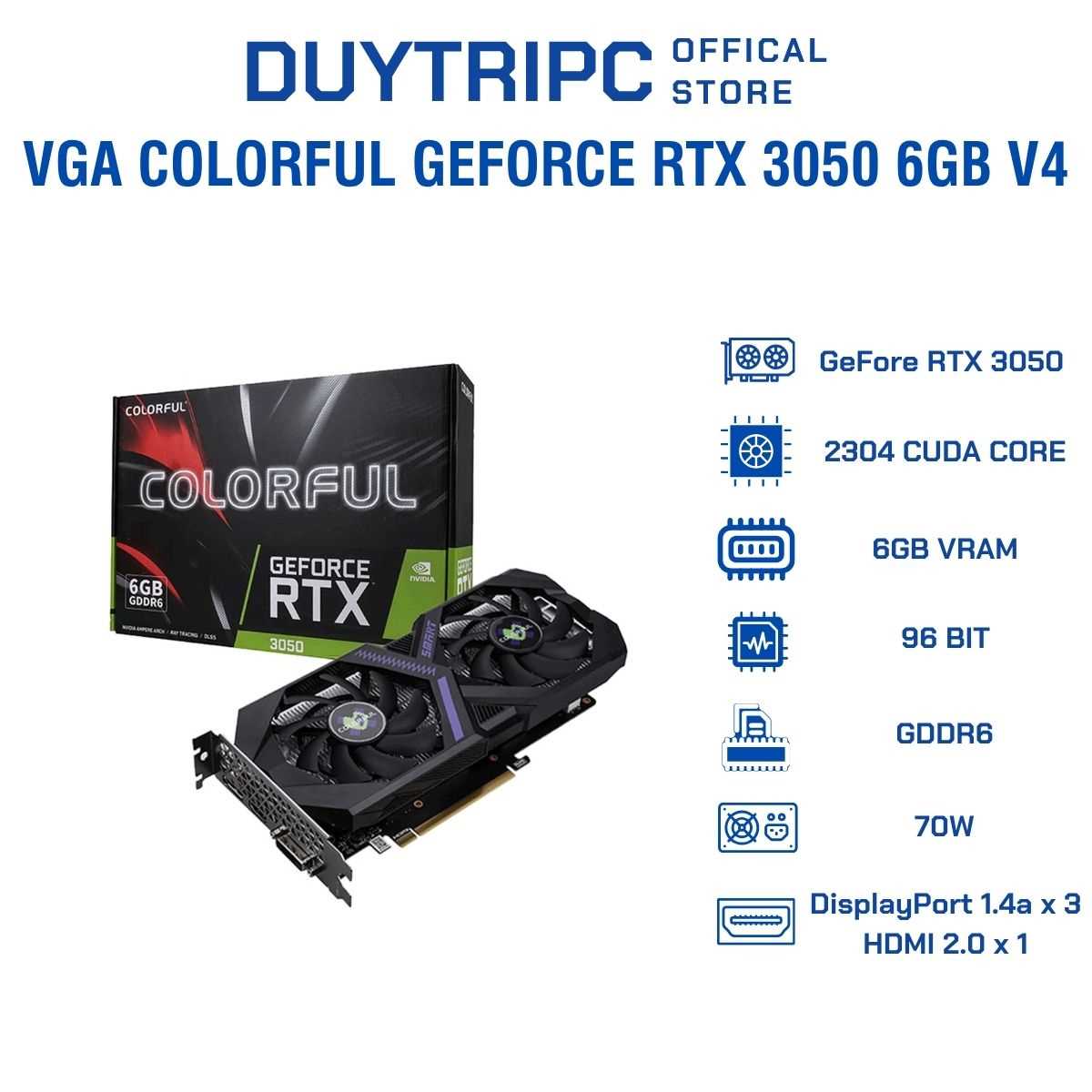 Card Màn Hình Colorful GeForce RTX 3050 6GB V4 GDDR6 96-bit | Hiệu Năng Gaming Full HD, Hỗ Trợ Ray Tracing & DLSS